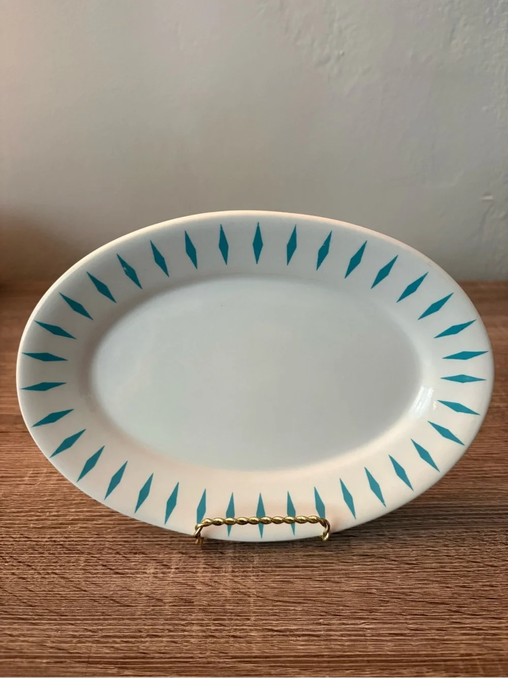 Homer Laughlin Restaurant Ware Oval Plate Turquoise Atomic Diamond Pattern - is